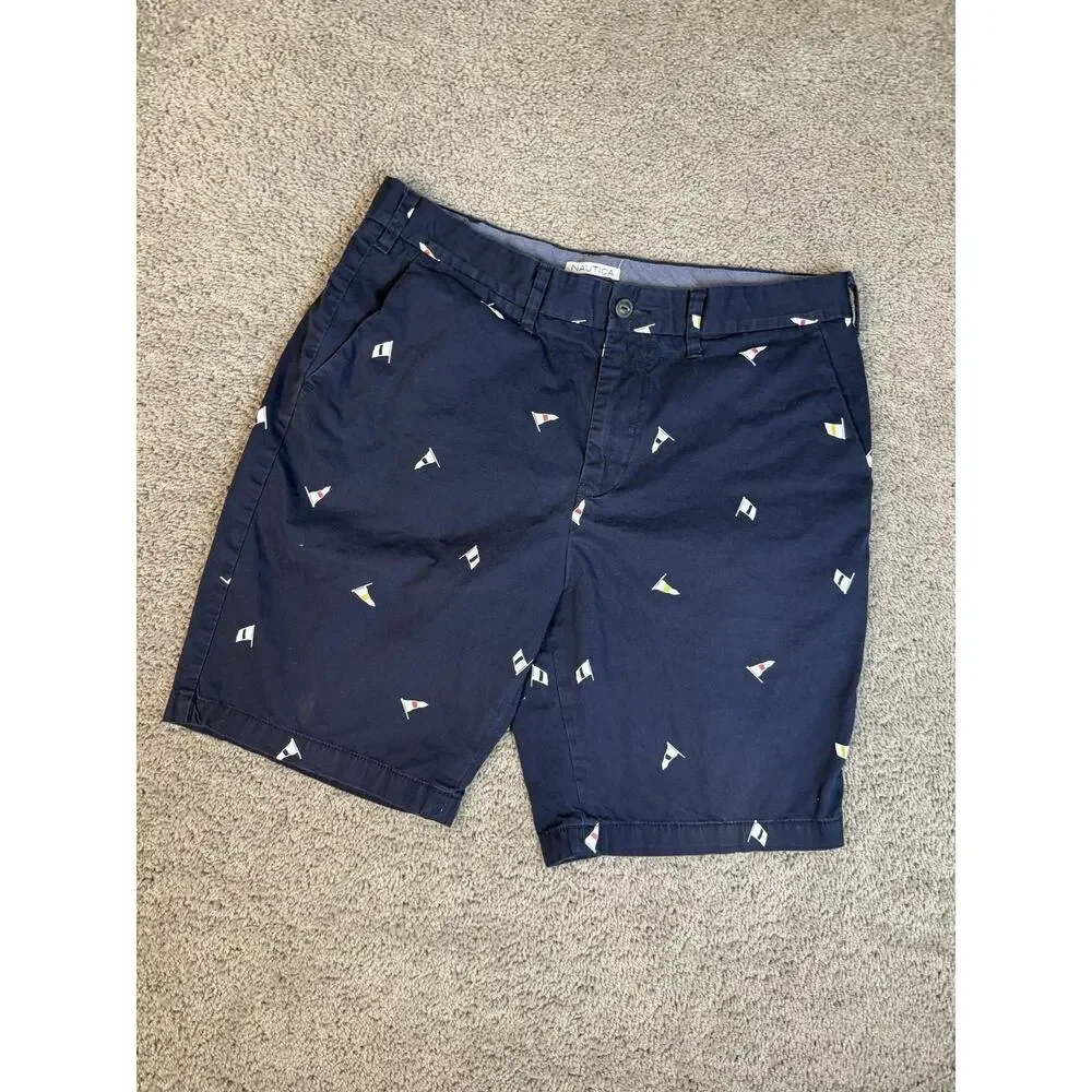 Nautica Shorts Mens 36 Blue Chino Cotton Nautical Pennant Pockets 9 In Inseam